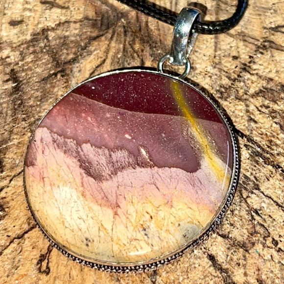 Detailed Round Burgundy & Yellow Mookaite Pendant 2” - Picture 9 of 15